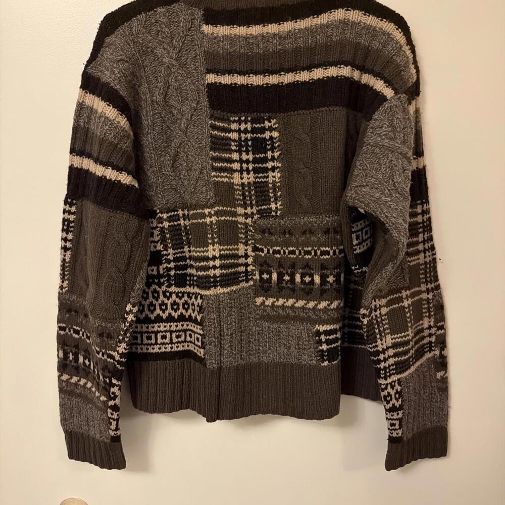 Vintage Faconnable Wool Sweater Mens Large Brown Plaid Tartan Patch Work France - Picture 8 of 8